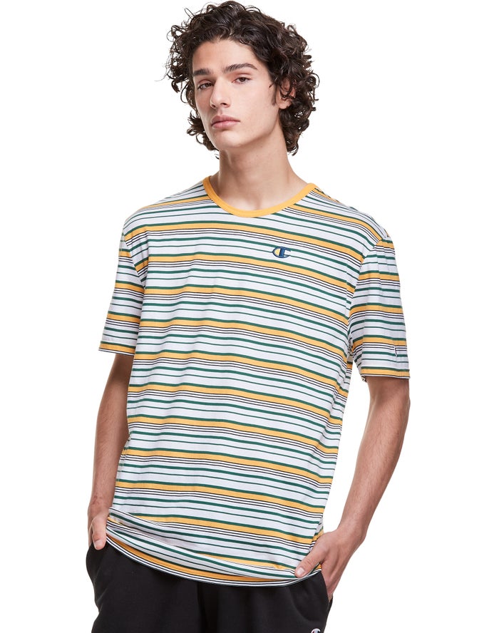 Champion Yarn-Dye Stripe C Logo Erkek Tişört Beyaz/Sarı ( KFSCEA650 )